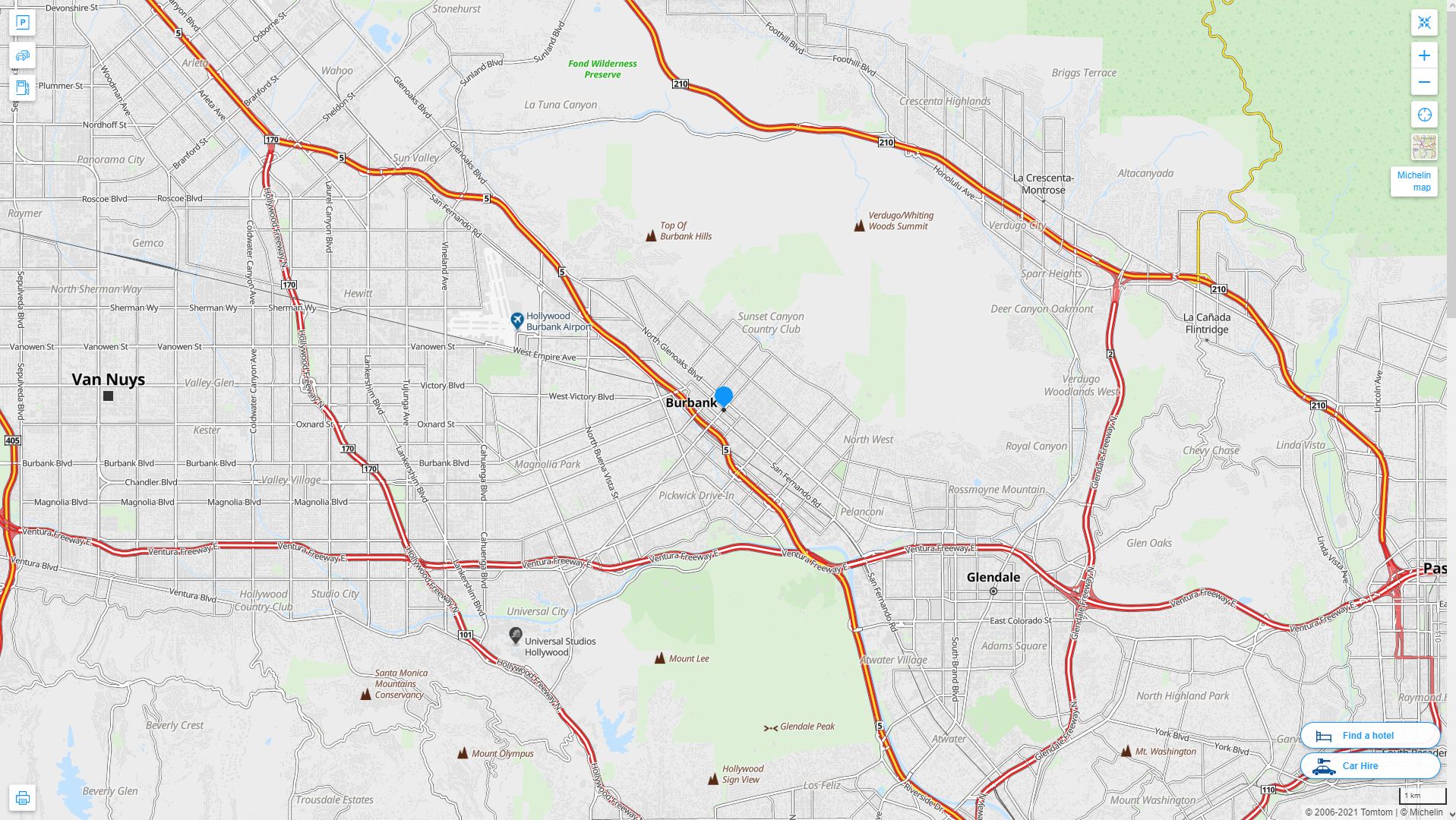 Burbank California Highway and Road Map